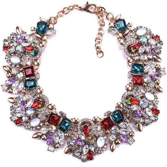 Women's Statement Fashion Green Flower Crystal Glass Collar Choker Necklace - Picture 1 of 6